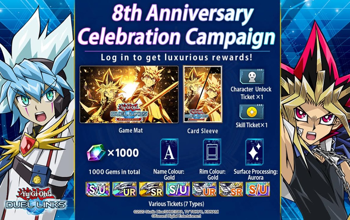 Yu-Gi-Oh! DUEL LINKS celebra su 8º Aniversariocon nuevas versiones de cartas emblemáticas, 1.000 gemas y muchos más ítems