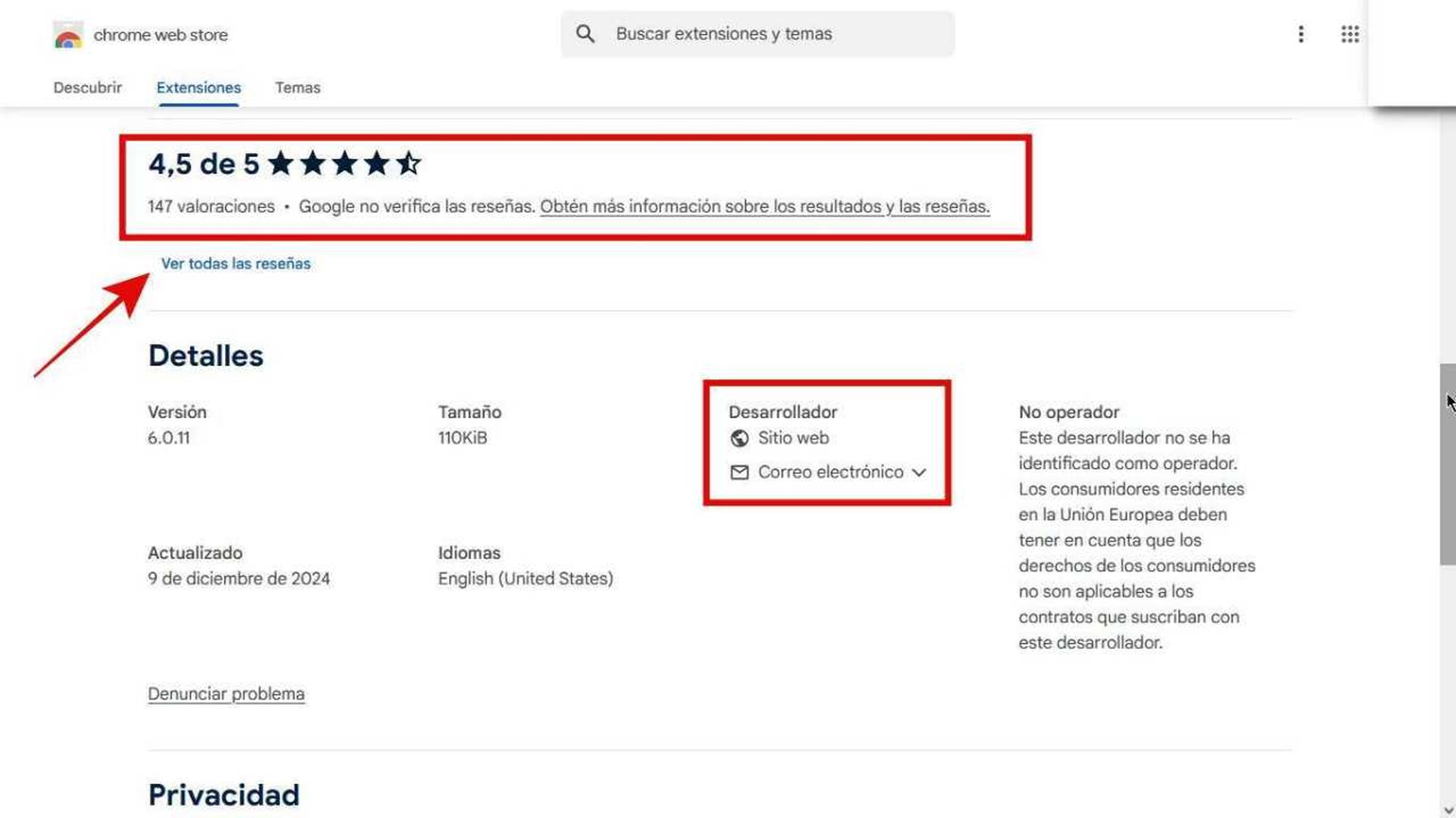 Valoracion de Chrome Store