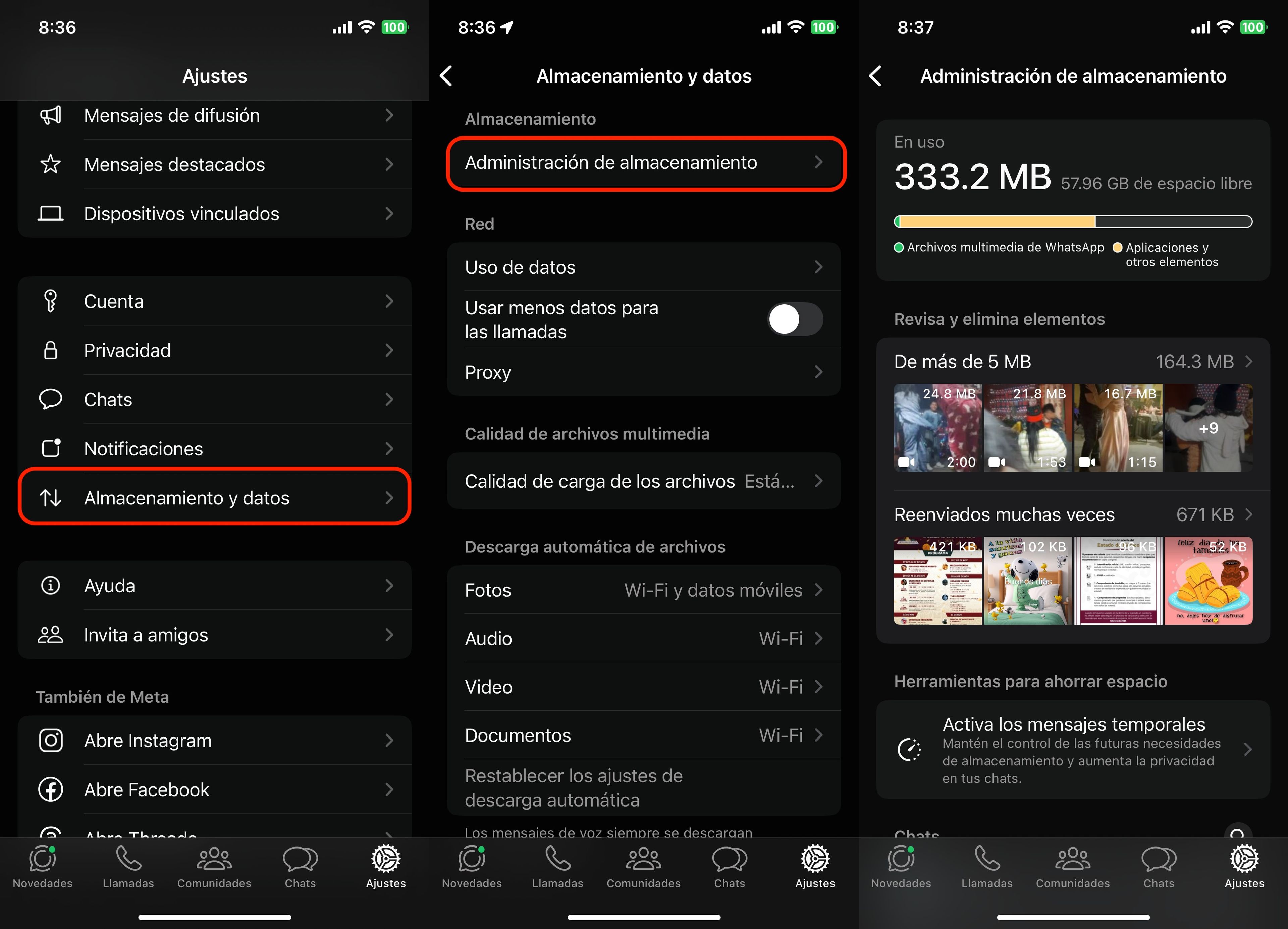 Liberar espacio de almacenamiento en WhatsApp