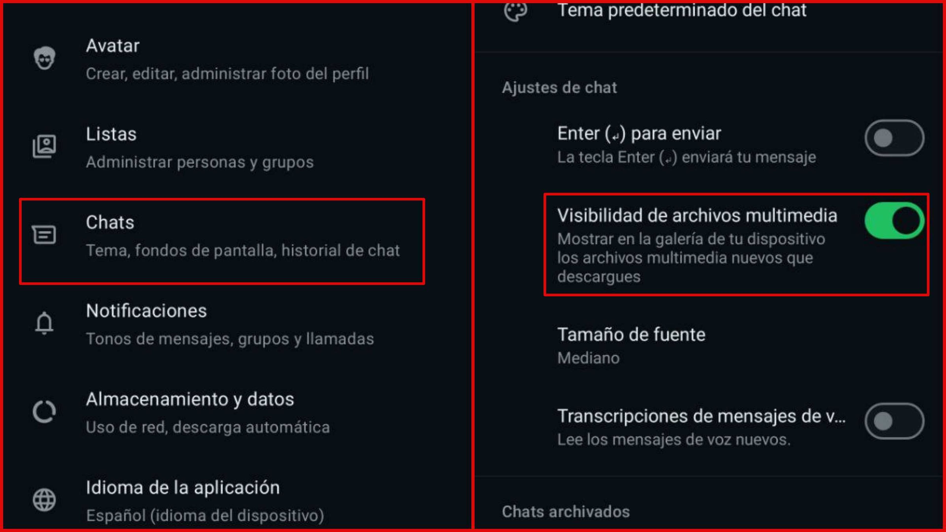 Desactivar archivos multimedia en WhatsApp