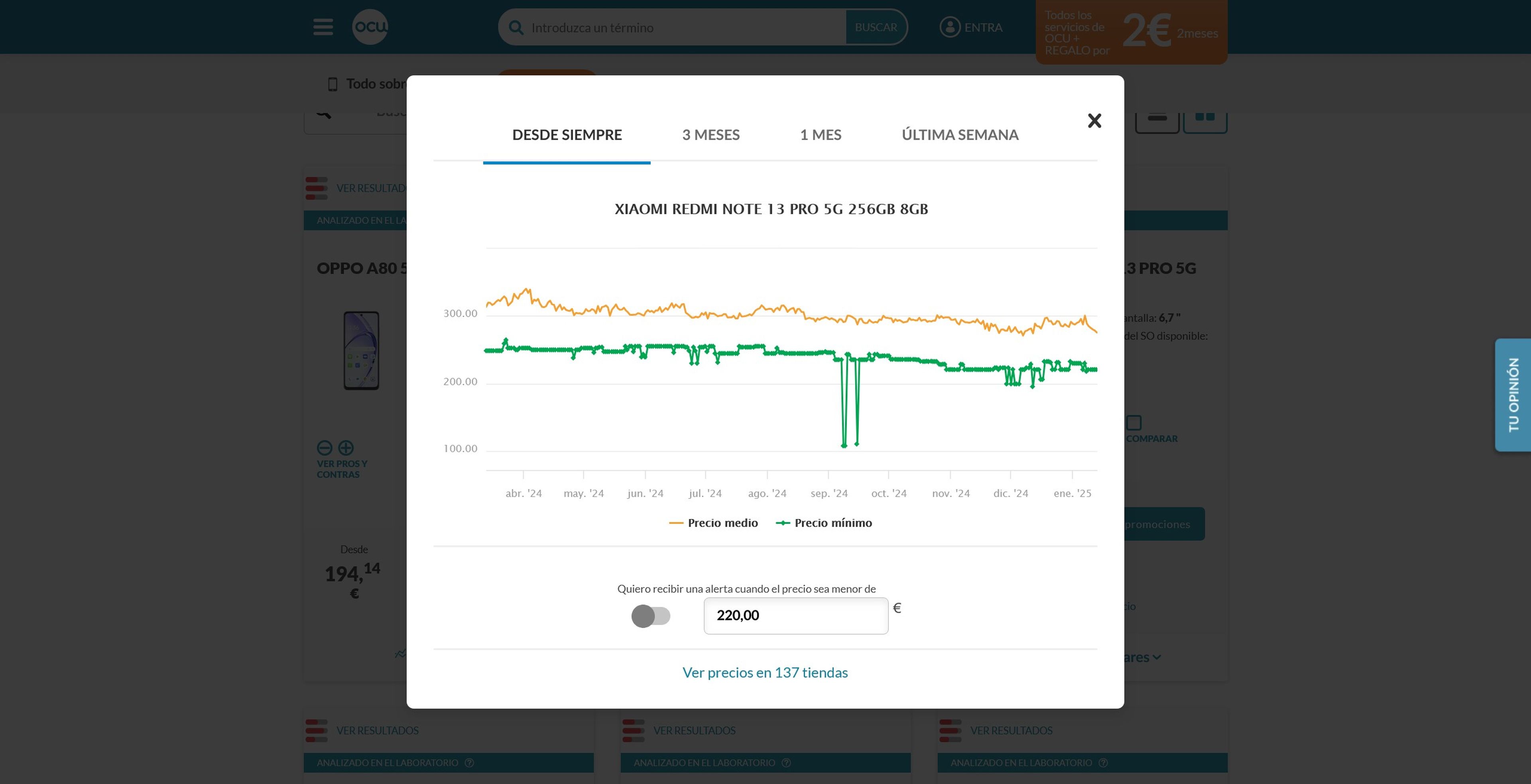 Evolución precios móviles OCU